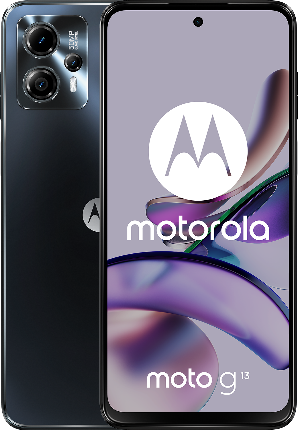 Zwarte Motorola-telefoon met een camerabult aan de achterkant en het Motorola-logo.