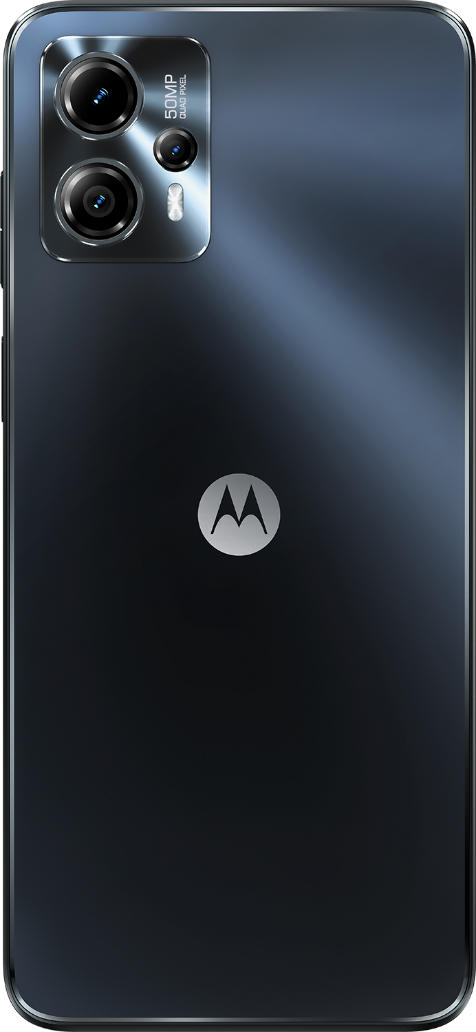 Zwarte smartphone achterkant. Quad camera, 50MP. Motorola logo. Donkerblauwe/zwarte gradiënt.