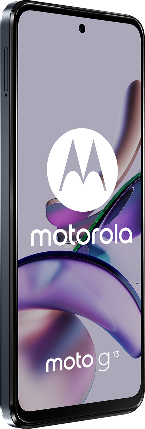 Een grijze Motorola-telefoon met een paarse verlopen wordt vanuit een zijaanzicht getoond.
