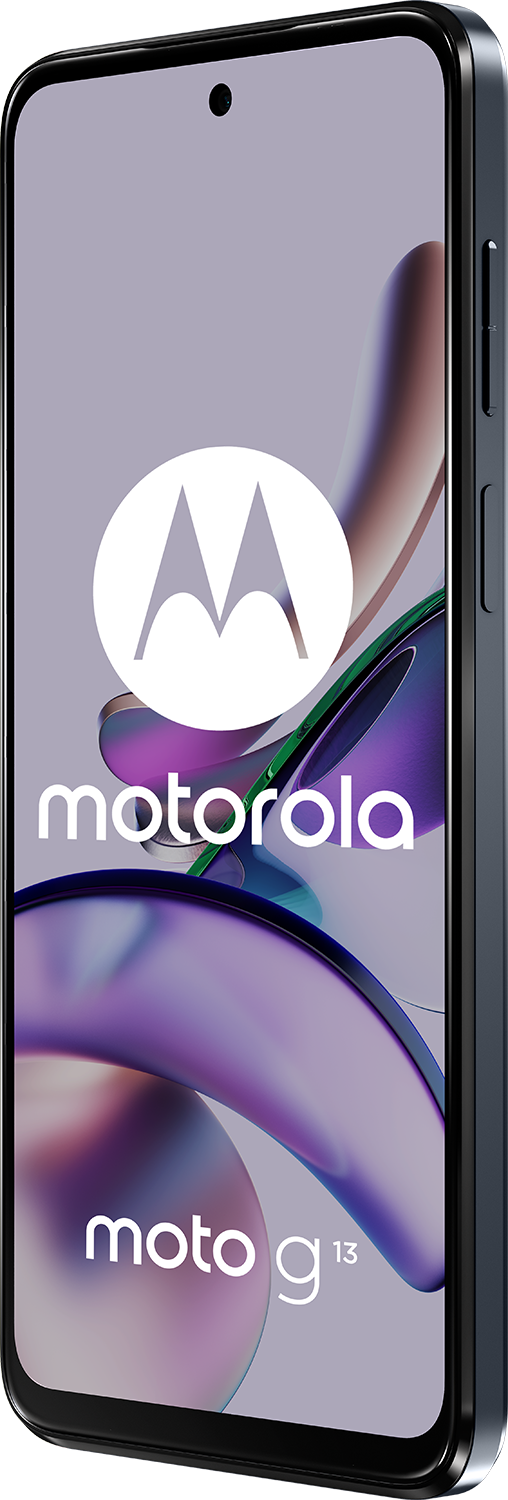 Motorola Moto G13 smartphone, blauw-grijze kleur. Wit Motorola-logo op het scherm.
