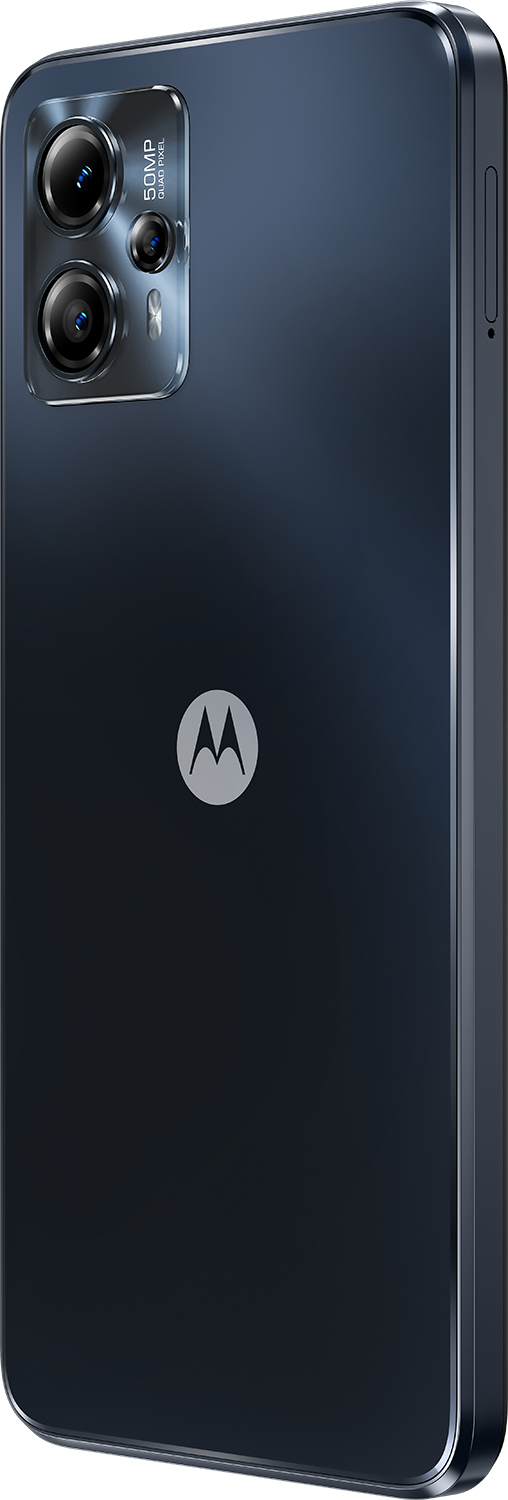 Een marineblauwe smartphone met drie camera's achteraan en het Motorola-logo.