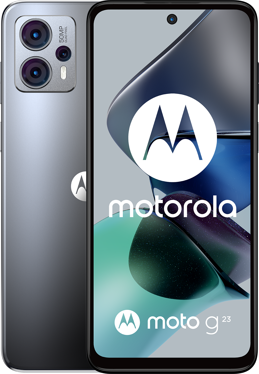 Een grijze Motorola telefoon, voor- en achterkant, met het Moto logo zichtbaar op het scherm.