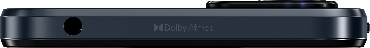 Close-up van de onderrand van een apparaat, met een hoofdtelefoonaansluiting en het Dolby Atmos-logo.