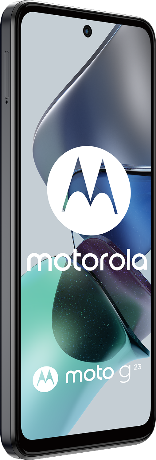 Motorola moto g23 telefoon. Toont de voorkant en zijkant van de telefoon. Wit logo.