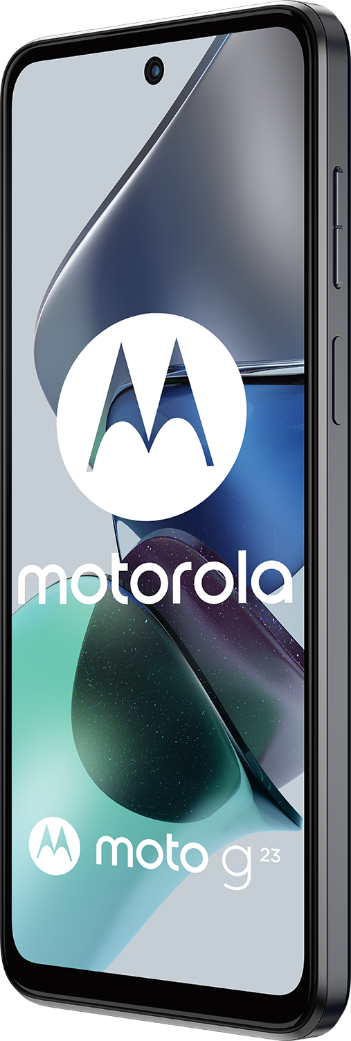 Motorola Moto G23 telefoon. Donkergrijs met camera en logo op het scherm.
