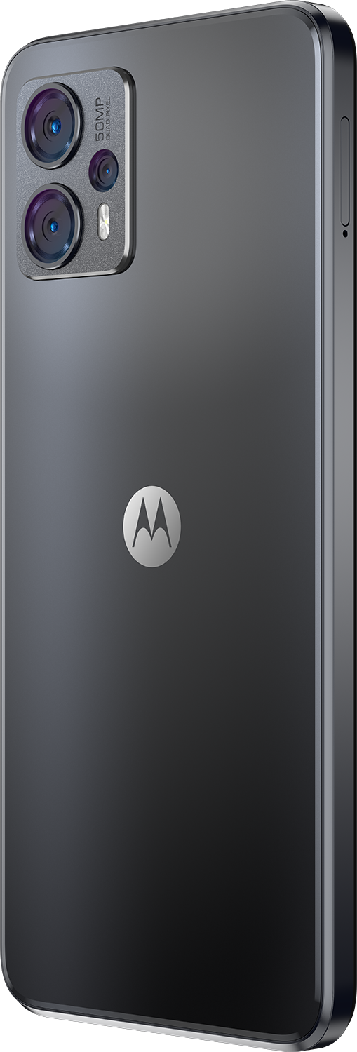 Zwarte Motorola telefoon, zijaanzicht, met cameralenzen en logo.