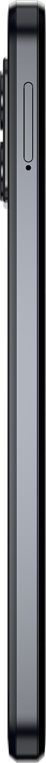 Zijaanzicht van een metallic, zilveren telefoon met kleine knop en cameradetail.