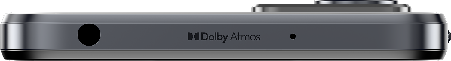 Zijaanzicht van een grijze telefoon met een koptelefoonaansluiting en Dolby Atmos-logo.