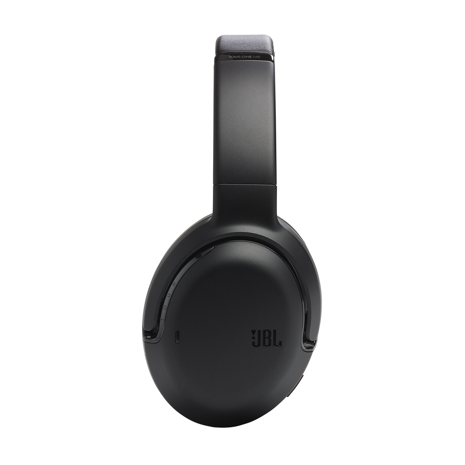 Black JBL headphones, front view, on a black background.