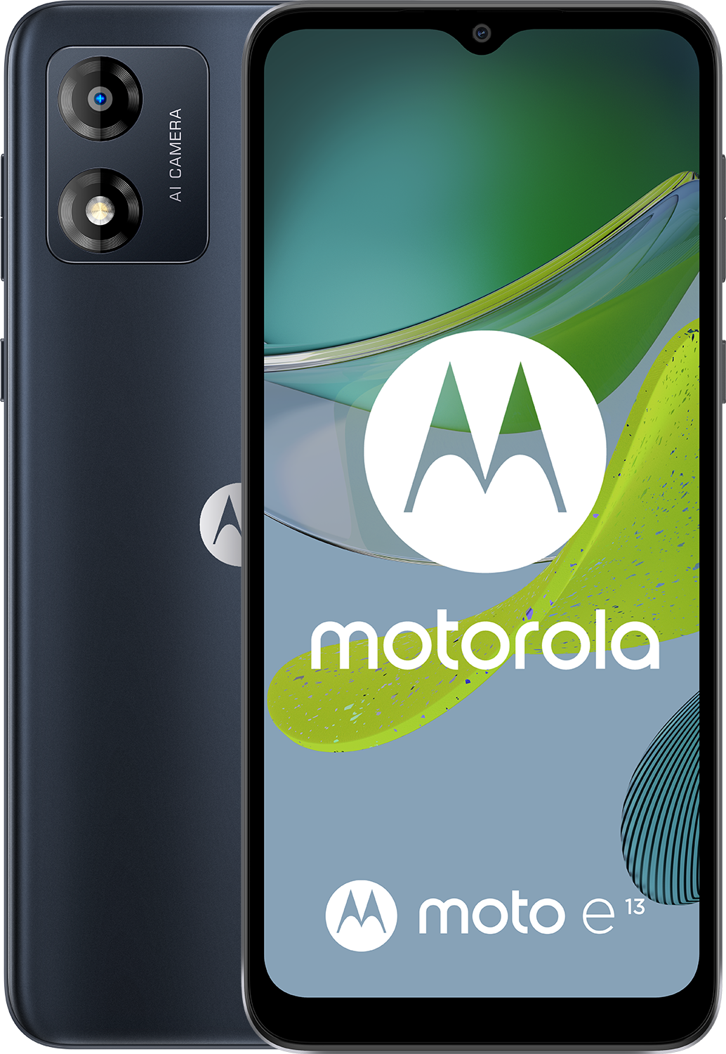 Motorola moto e13 smartphone. Blauwe achter- en voorkant. Wit Motorola-logo, groene en gele accenten.