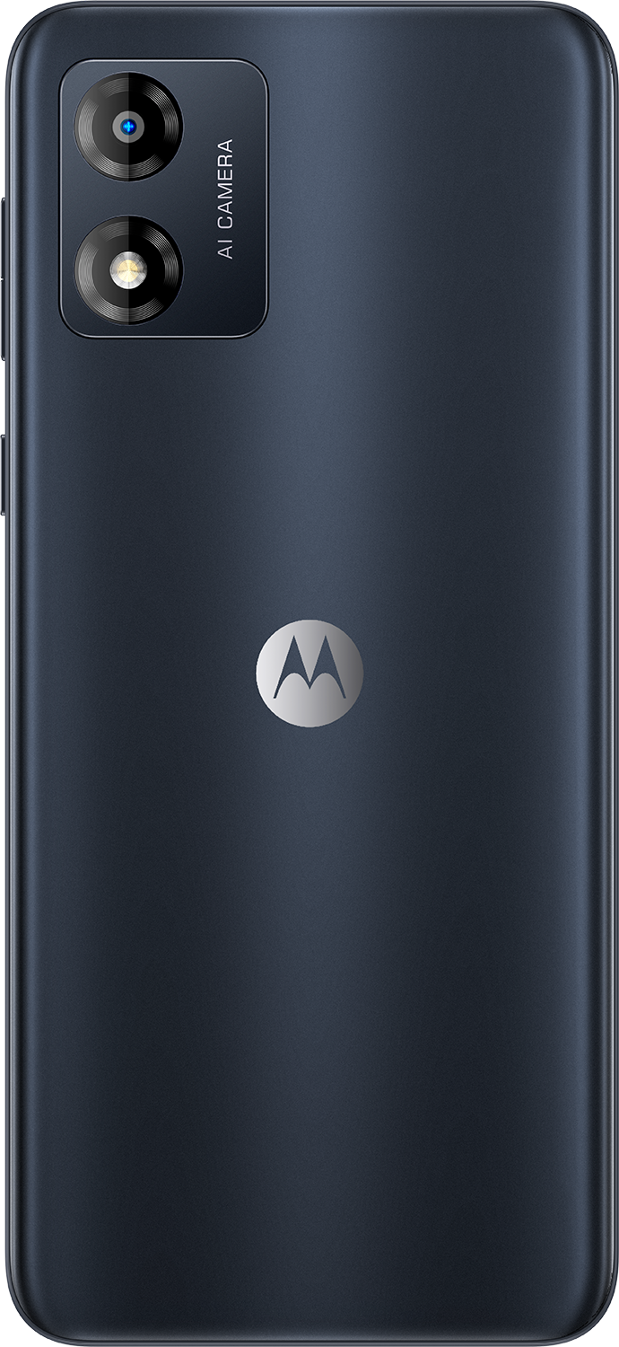 Marineblauwe Motorola-telefoon, dubbele camera's en Motorola-logo.