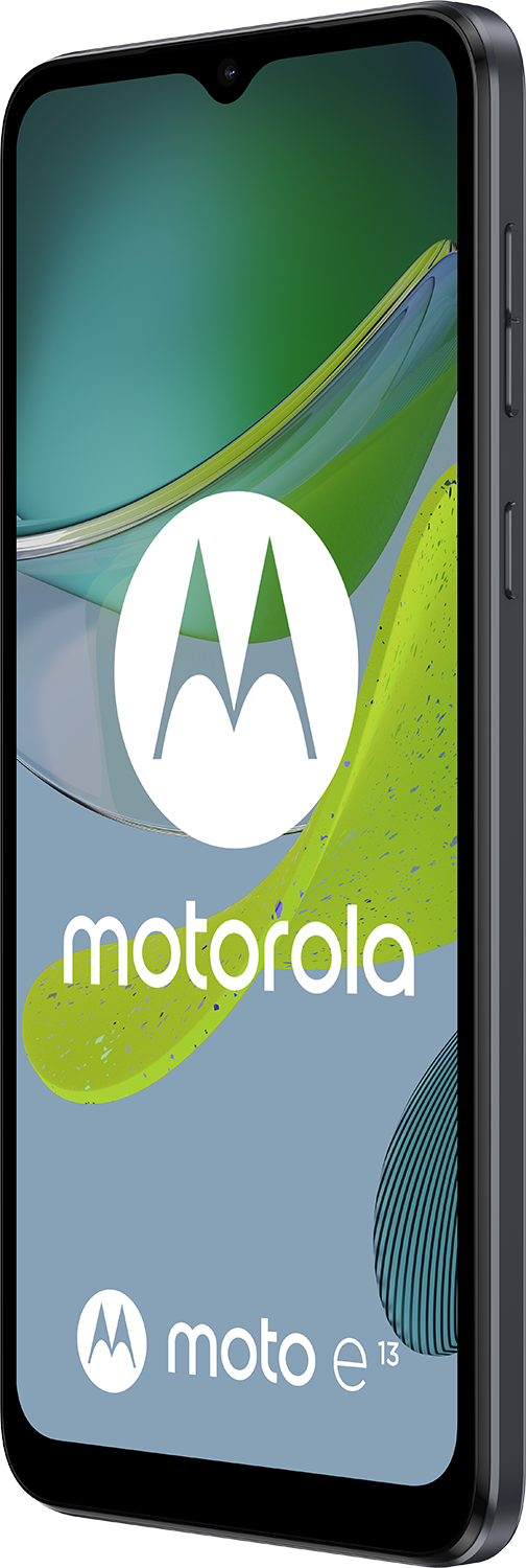 Een zwarte en grijze Motorola Moto E13 smartphone, met logo.
