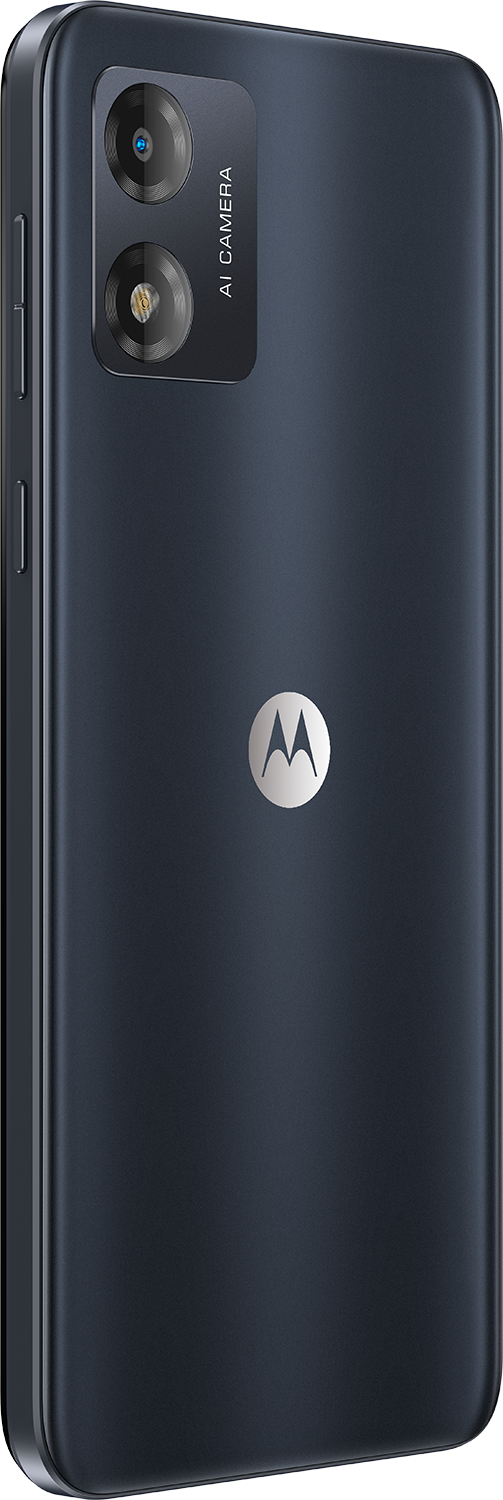 Zwarte smartphone, dubbele camera aan de achterkant, Motorola-logo.