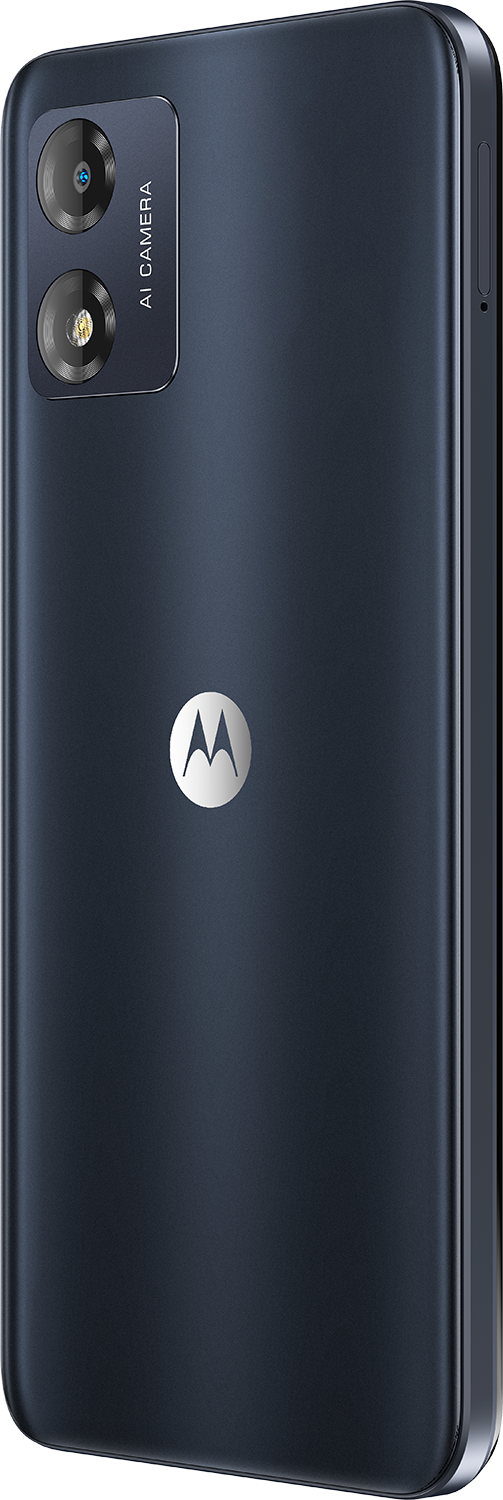 Achterkant van een donkerblauwe smartphone met dubbele camera's en een Motorola-logo. Het is licht gekanteld.