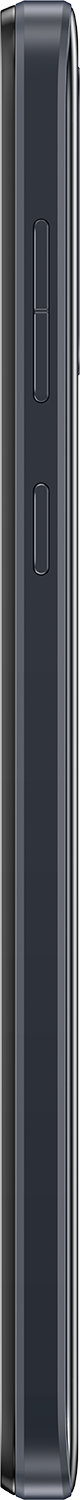 Een verticale zijaanzicht van een donkergrijze mobiele telefoon. Er zitten knoppen aan de zijkant.