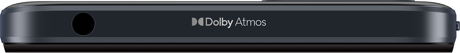 Close-up van de zijkant van een donkergrijs elektronisch apparaat met een koptelefoonaansluiting en Dolby Atmos-logo.