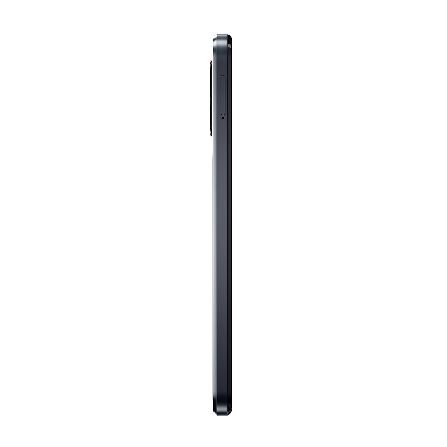 Vista laterale di uno smartphone grigio scuro.