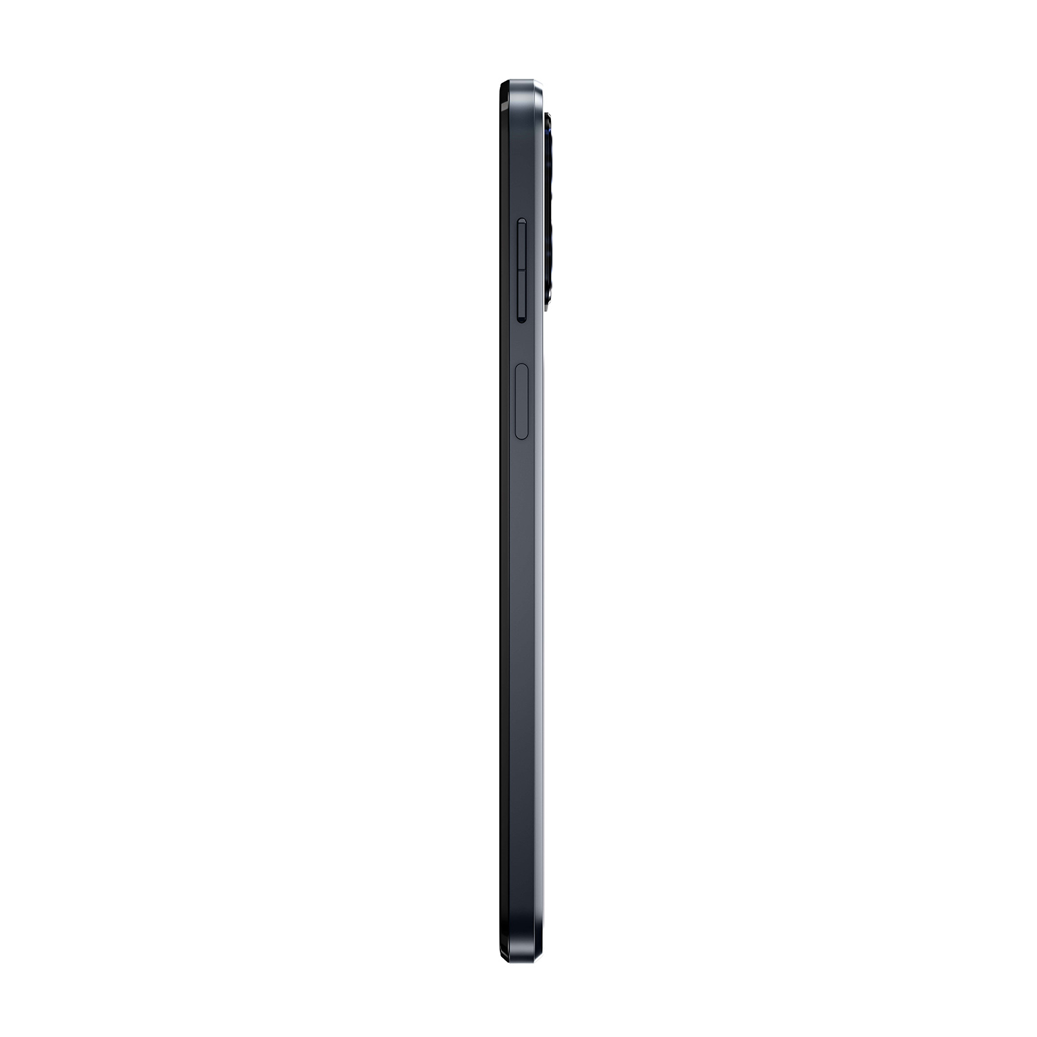 Vista laterale di un telefono nero con pulsanti laterali. Il telefono è elegante.