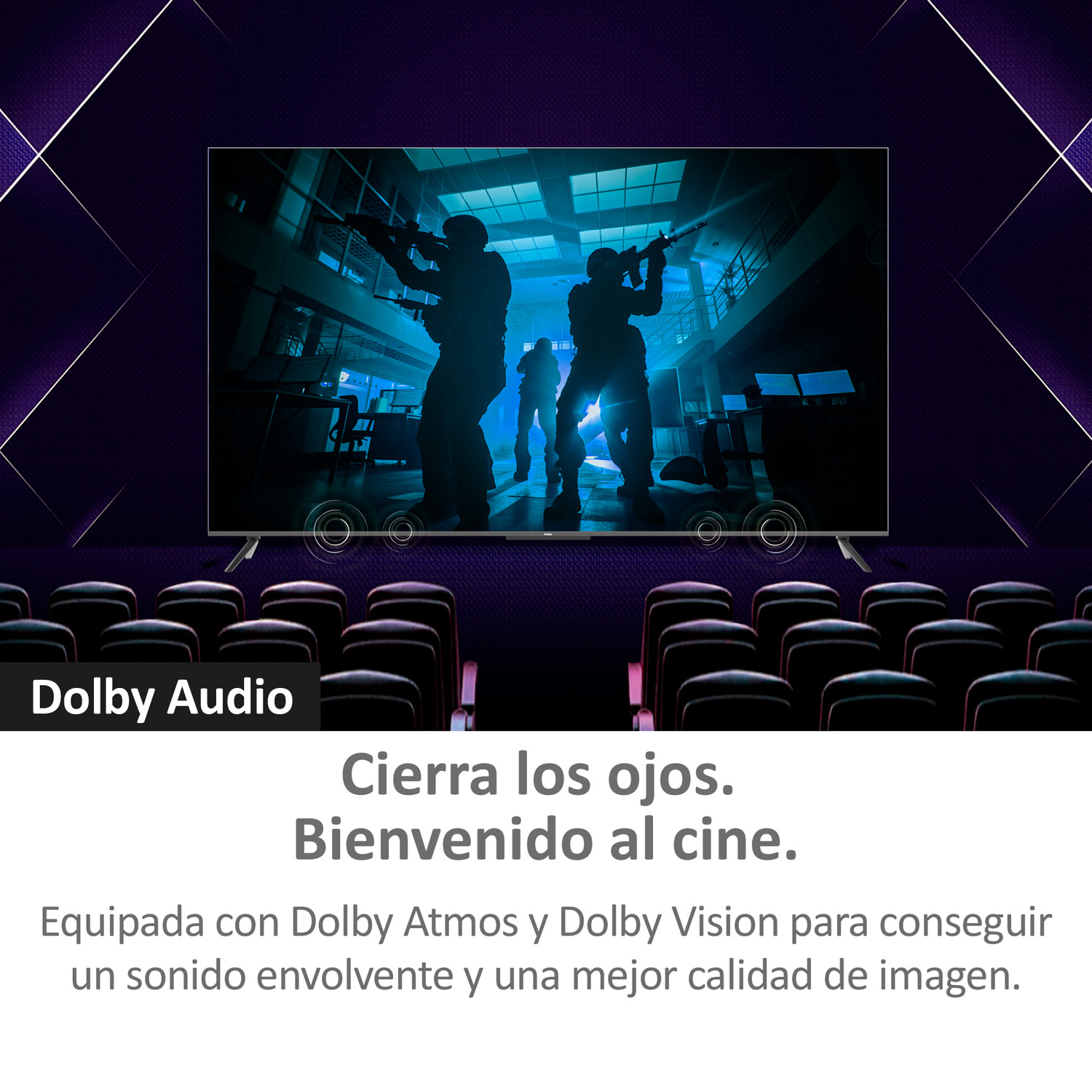 Una pantalla de TV muestra siluetas de personas con armas. Texto: Cierra los ojos.