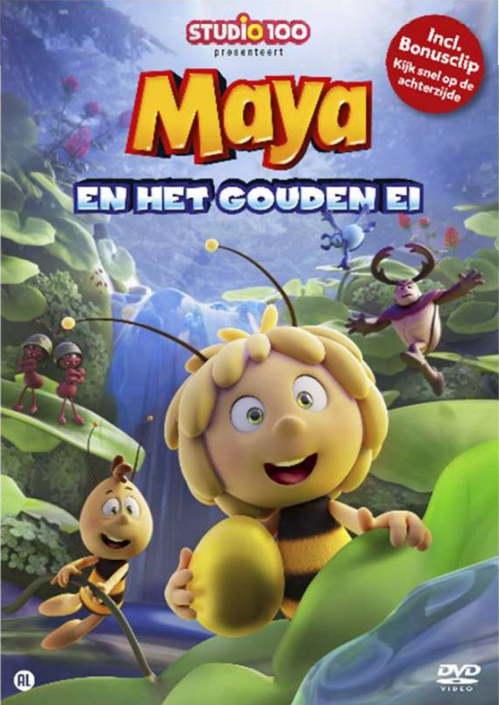 Filmposter voor Maya de Bij. Een tekenfilm bij, een geel ei en andere karakters.