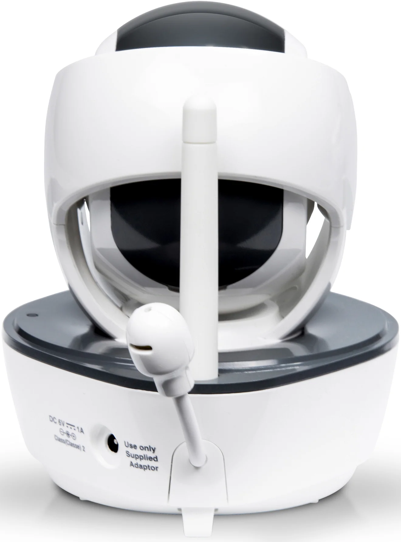 Caméra de surveillance pour bébé blanche et grise. Elle a un objectif, une antenne et un microphone.