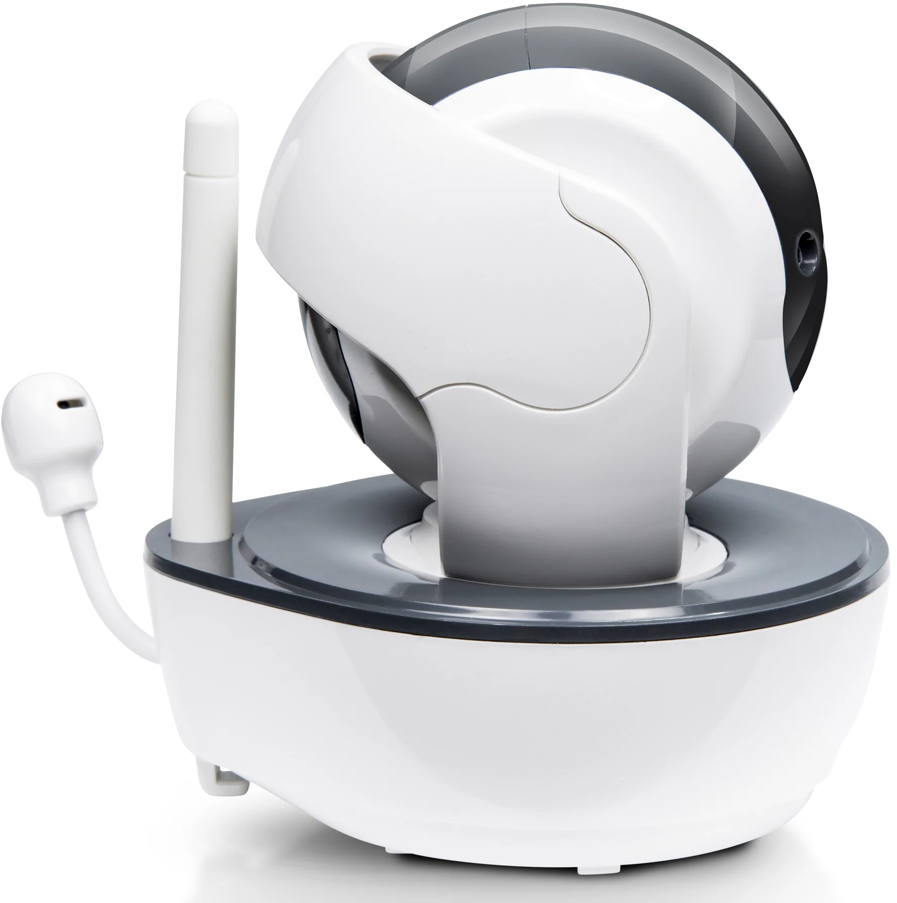 Un moniteur pour bébé blanc avec une caméra rotative et une antenne et un microphone séparés.