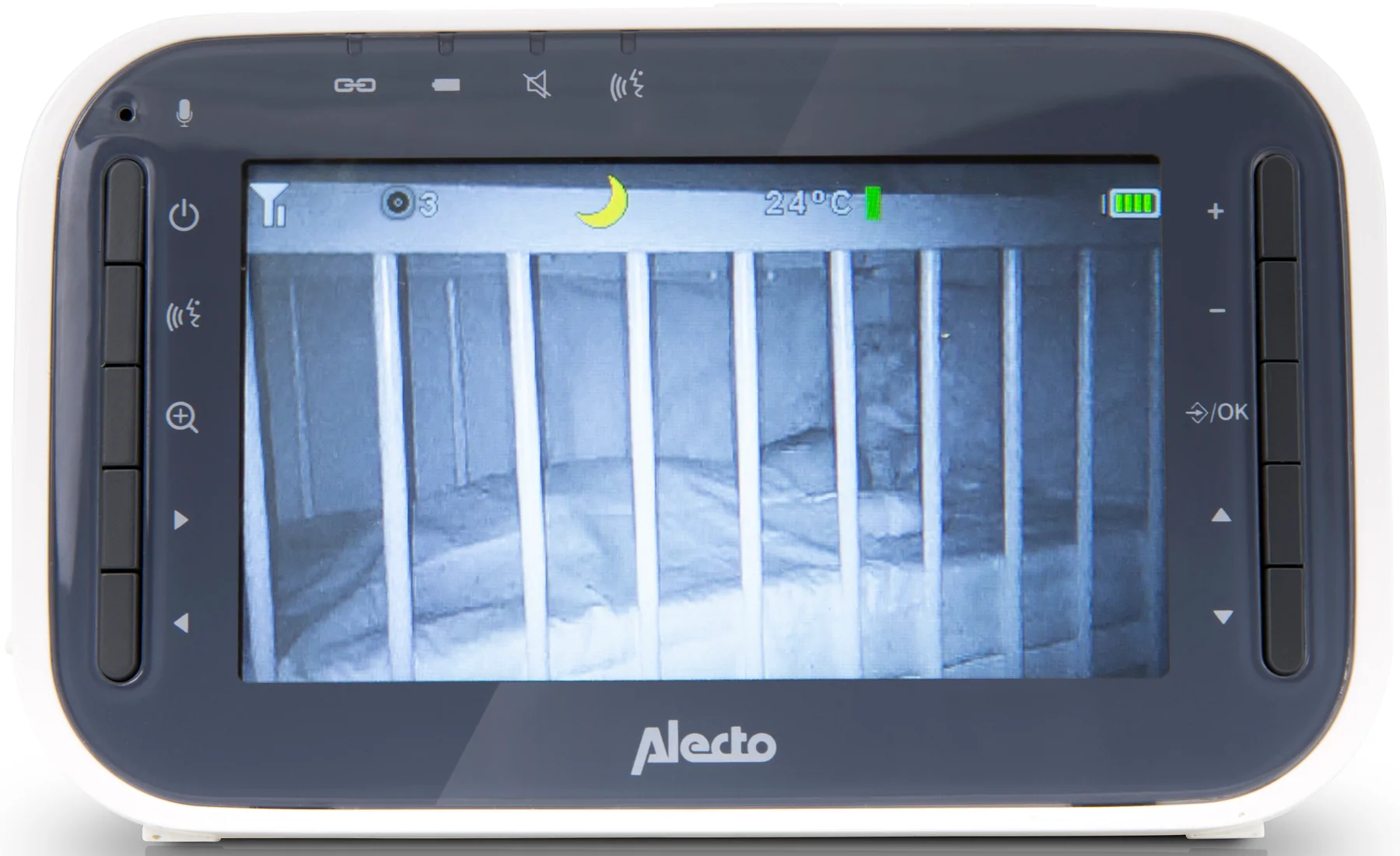 Écran de moniteur pour bébé montrant un berceau dans une pièce sombre. Affiche l'heure, la température et la batterie.