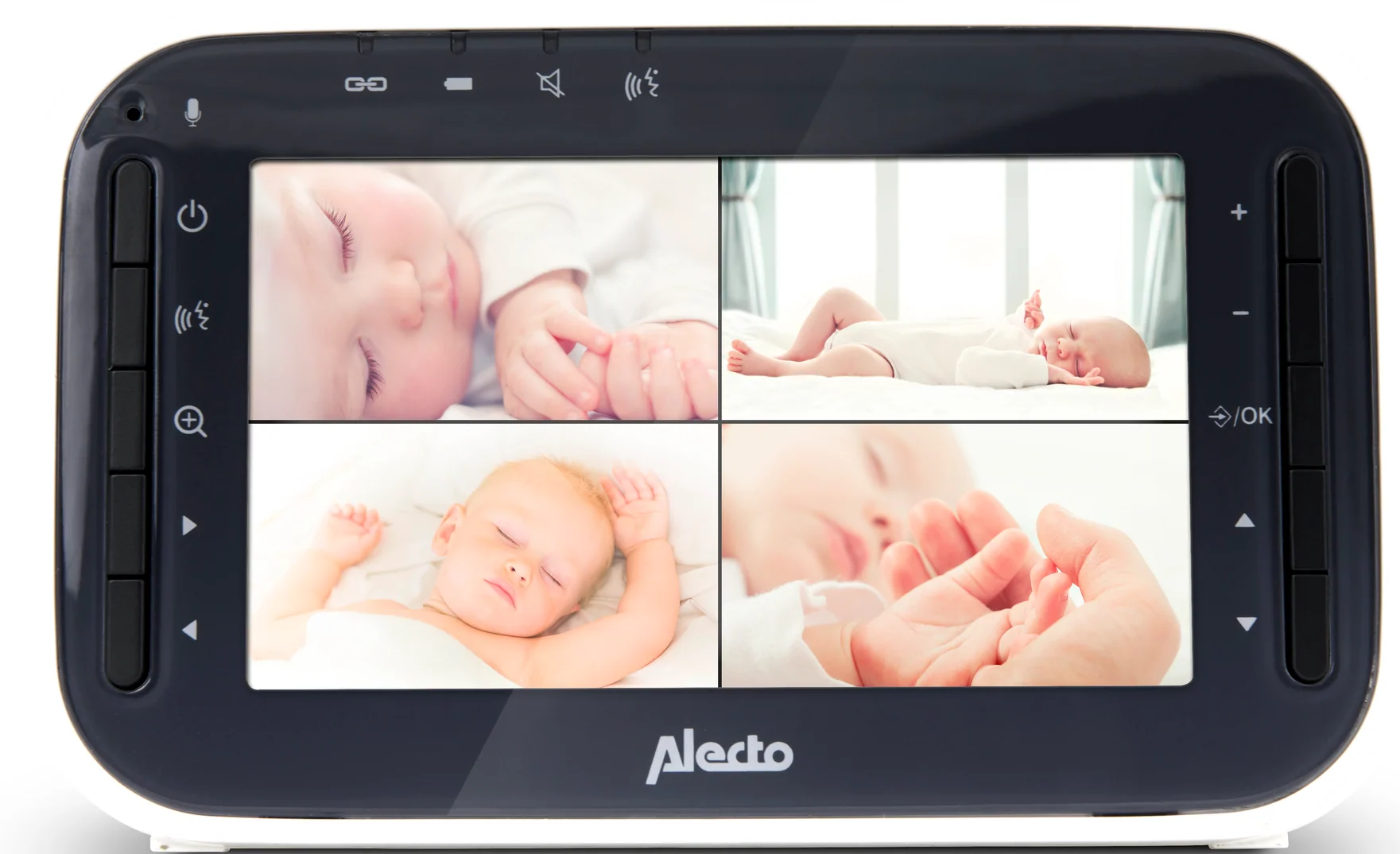 Écran de moniteur pour bébé montrant quatre vues de bébés dormant.