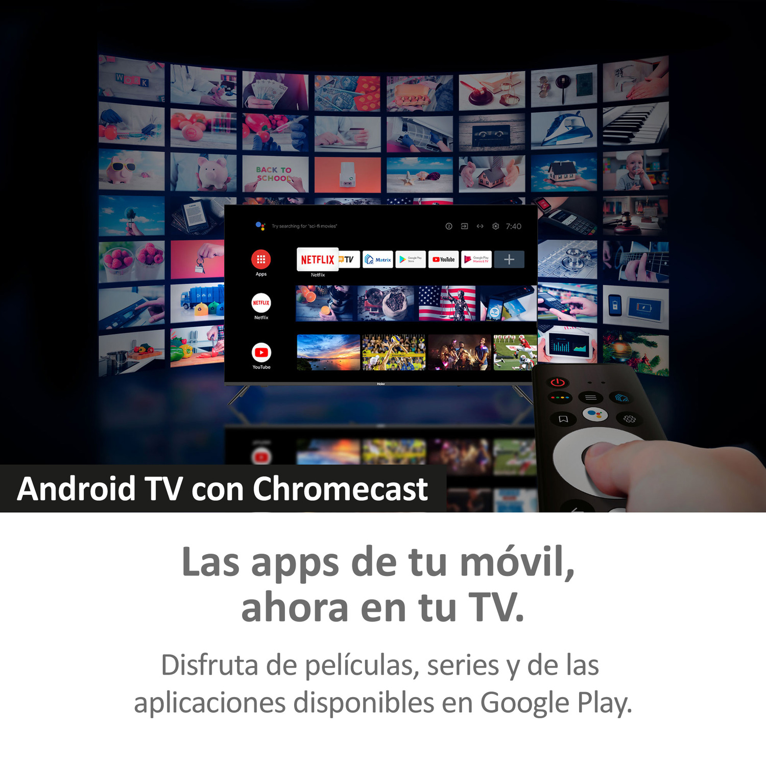 Pantalla de TV mostrando aplicaciones y un mando a distancia en la mano.