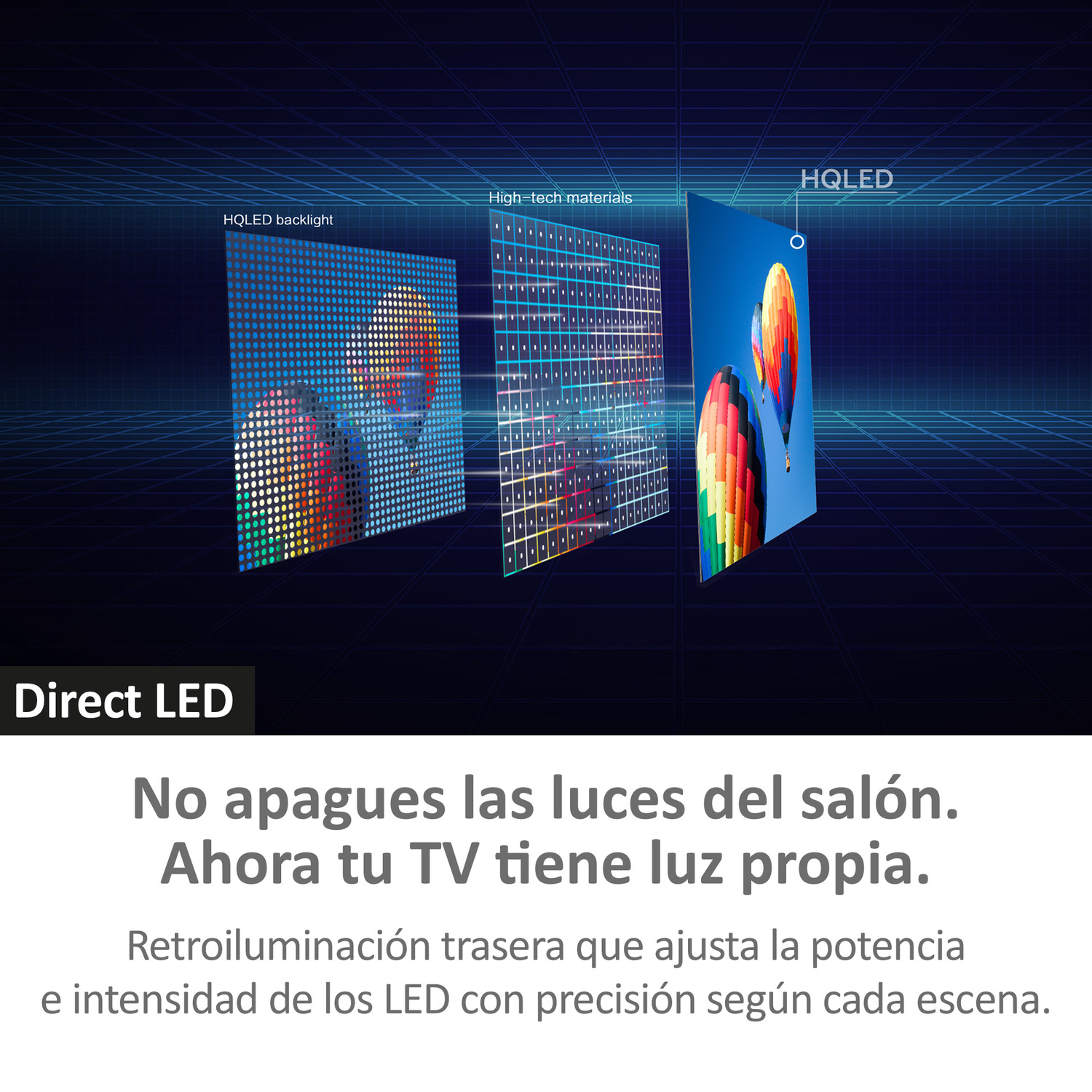 Diagrama de retroiluminación de TV. Texto en español: 'Ahora tu TV tiene luz propia'.