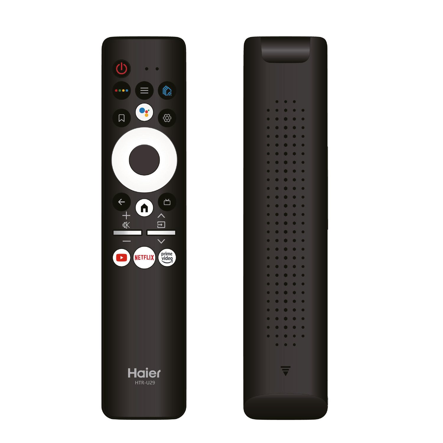Mando a distancia de TV negro, vista frontal y trasera.