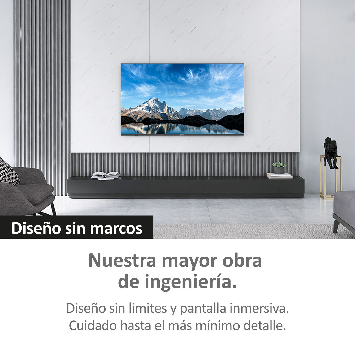 Pantalla de TV con paisaje montañoso. El texto dice: 'Diseño sin bordes'. Soporte de TV negro debajo.