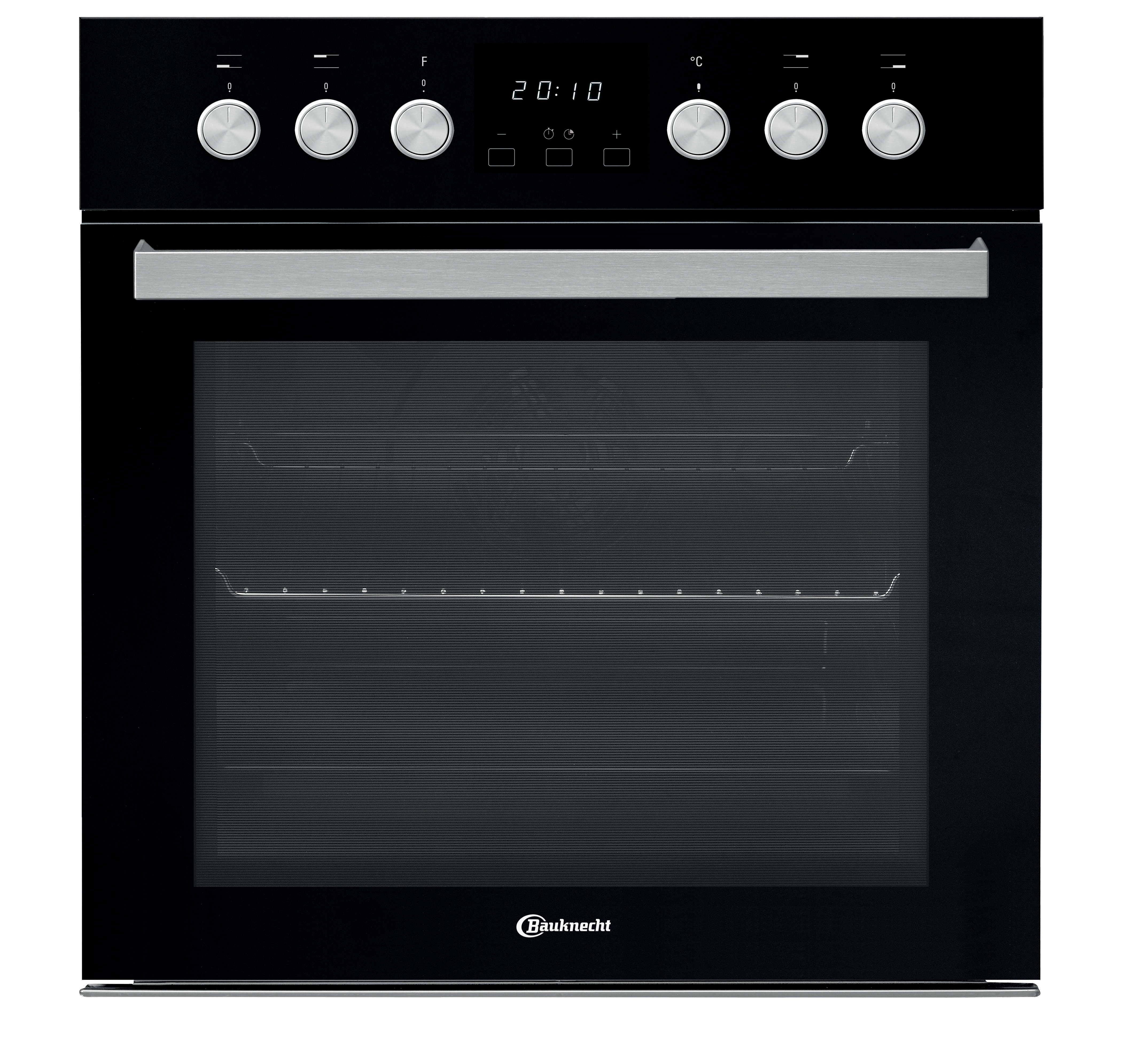 Schwarzer Einbauofen mit Bedienfeld und Glastür.