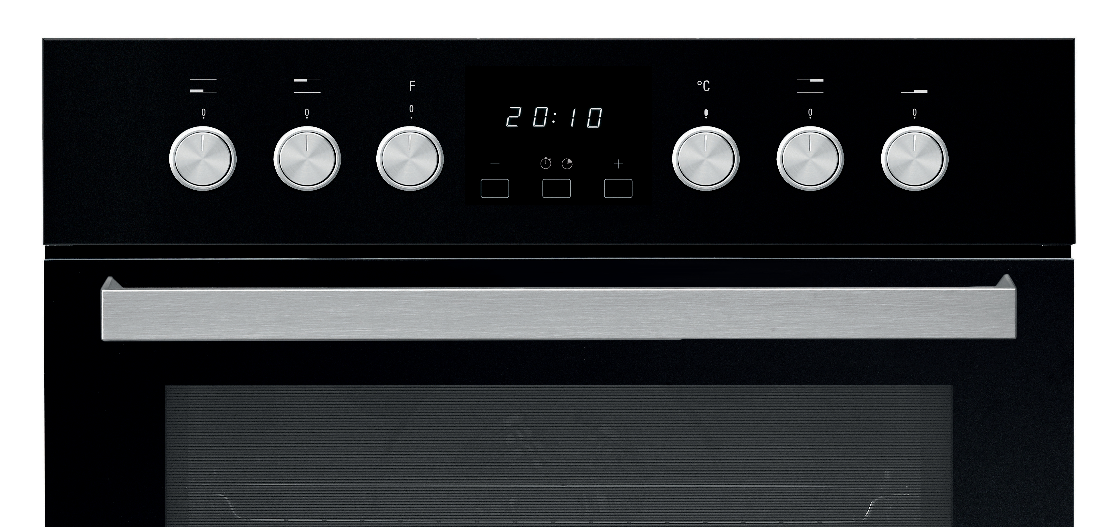 Nahaufnahme eines Backofen-Bedienfelds. Es hat Knöpfe, ein Display und einen Griff darunter.