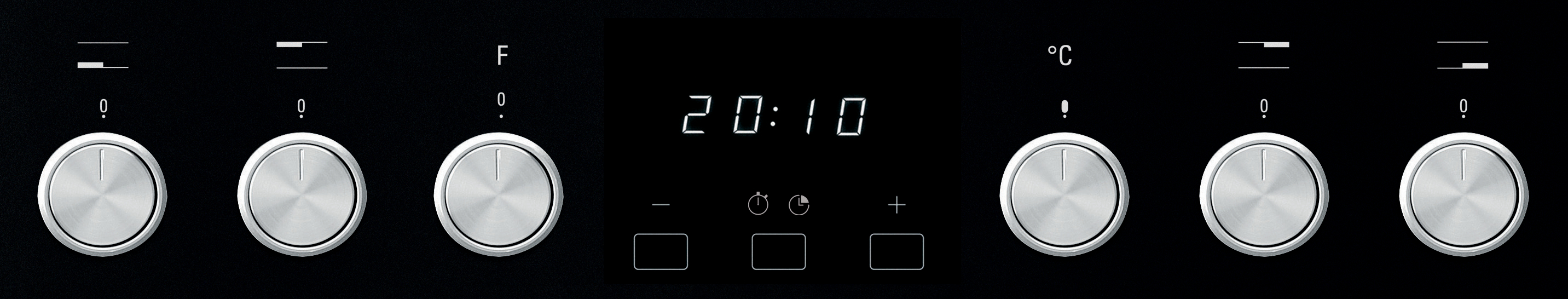 Schwarzes Backofen-Bedienfeld mit Knöpfen und Digitalanzeige 20:10.