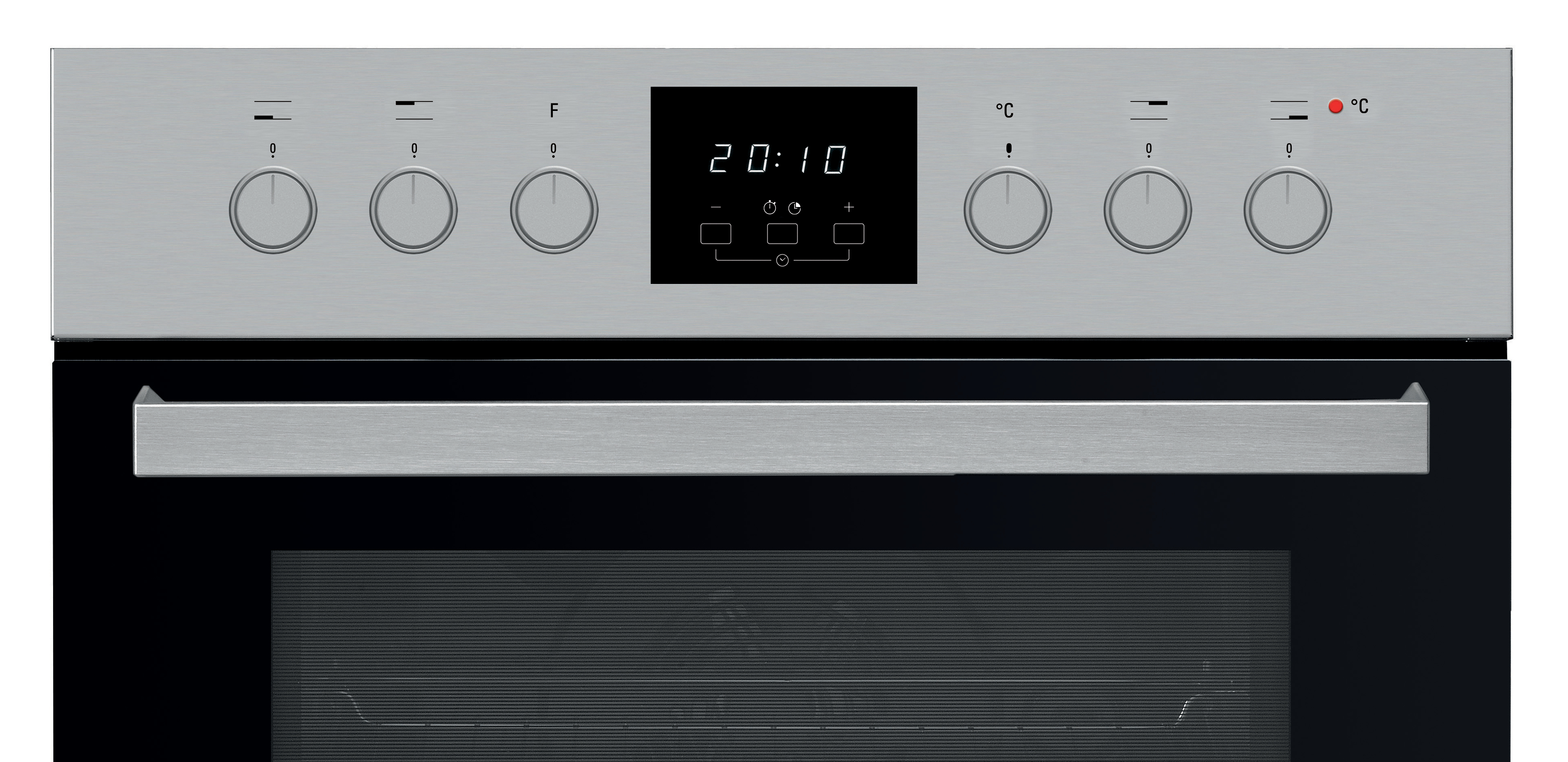 Silbernes Backofen-Bedienfeld mit Drehknöpfen, Digitaluhr und Temperaturanzeige.