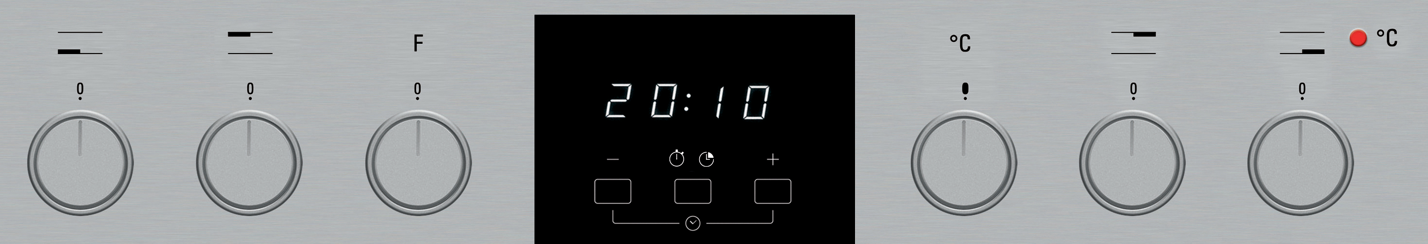 Backofen-Bedienfeld mit Knöpfen und Digitalanzeige, die 20:10 zeigt.