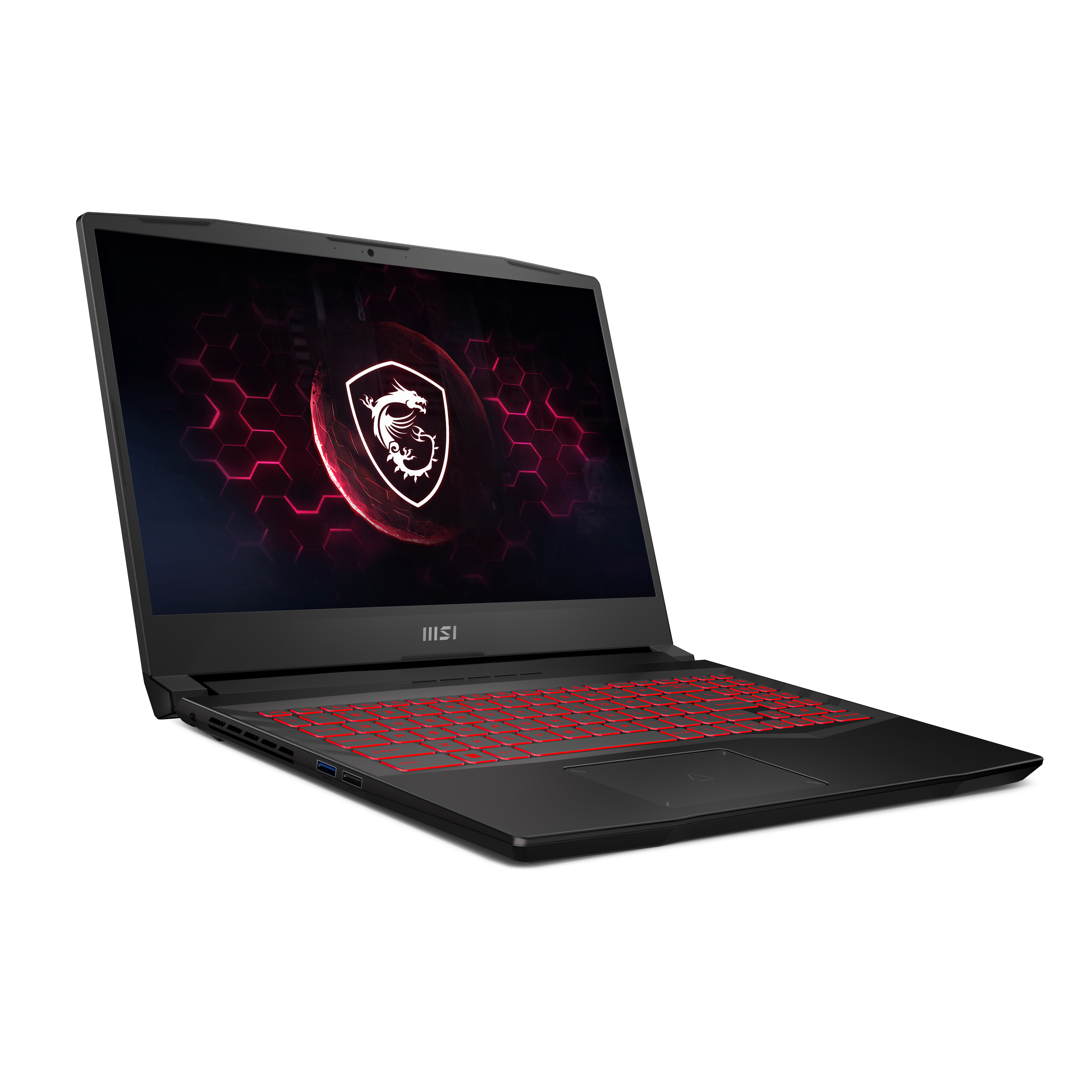 Portátil negro, abierto. Pantalla muestra gráfico rojo y negro con logo MSI. Teclado rojo visible.