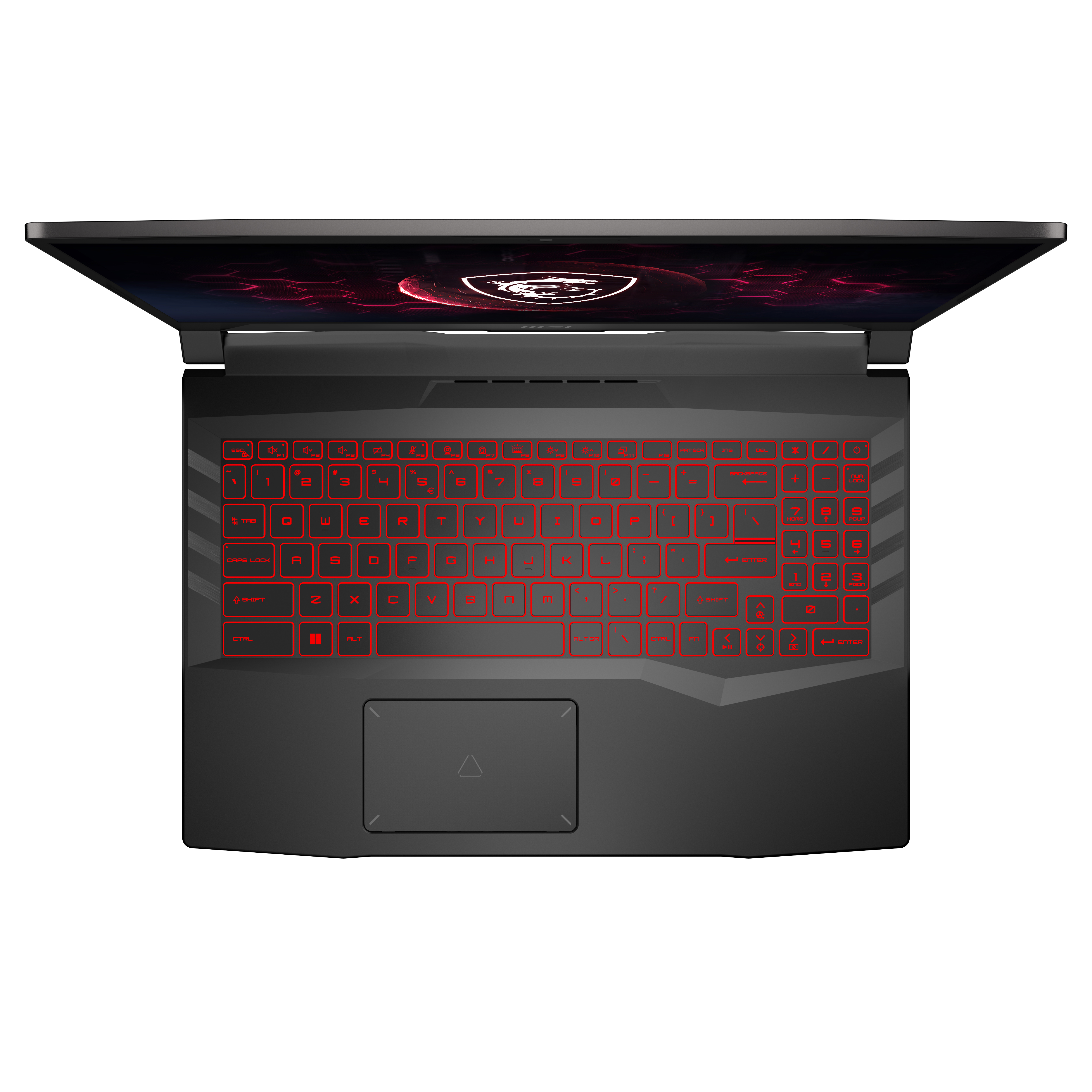 Portátil gaming negro y gris. Teclado retroiluminado rojo. Vista superior.