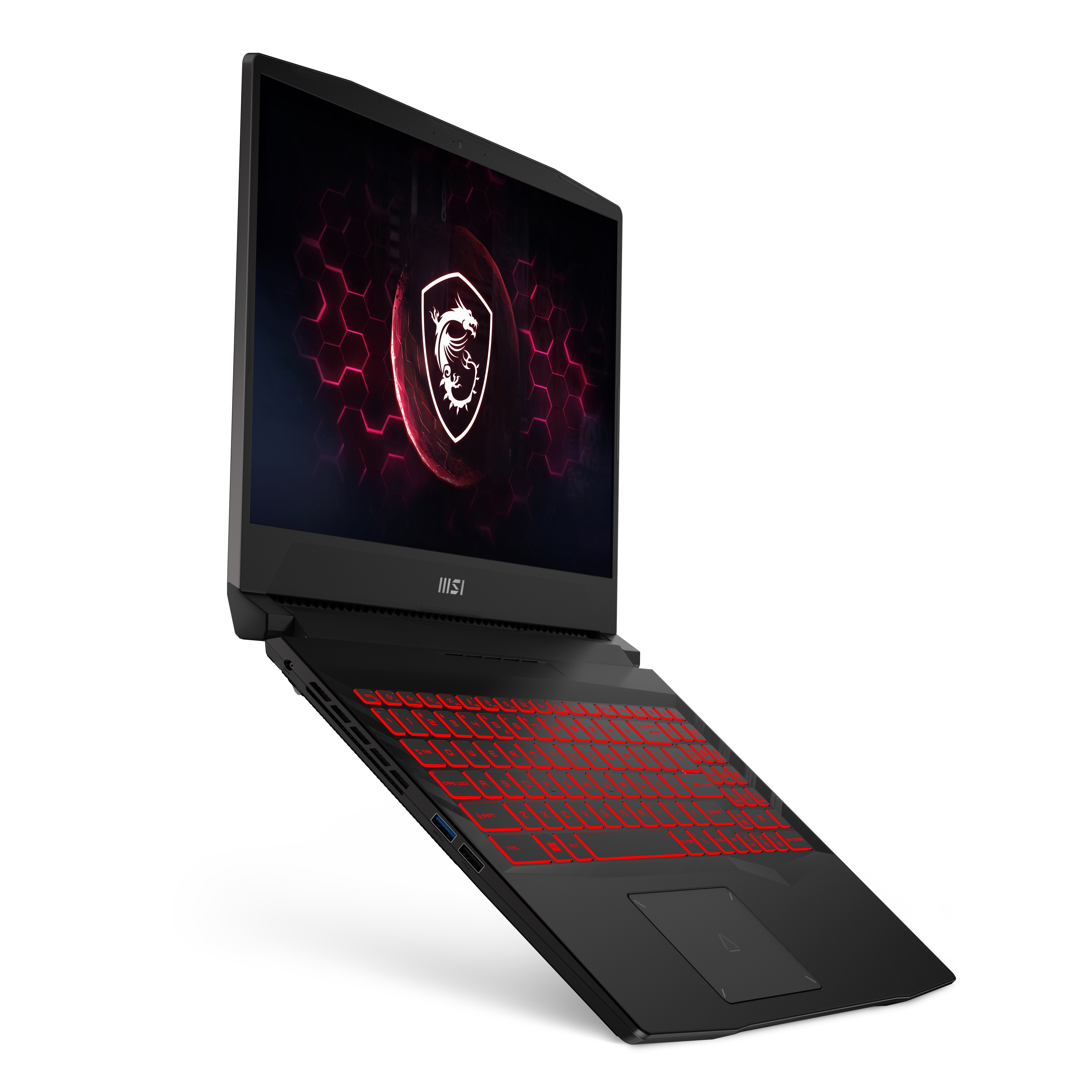 Laptop MSI negro y rojo con retroiluminación roja del teclado, en ángulo sobre un fondo blanco.