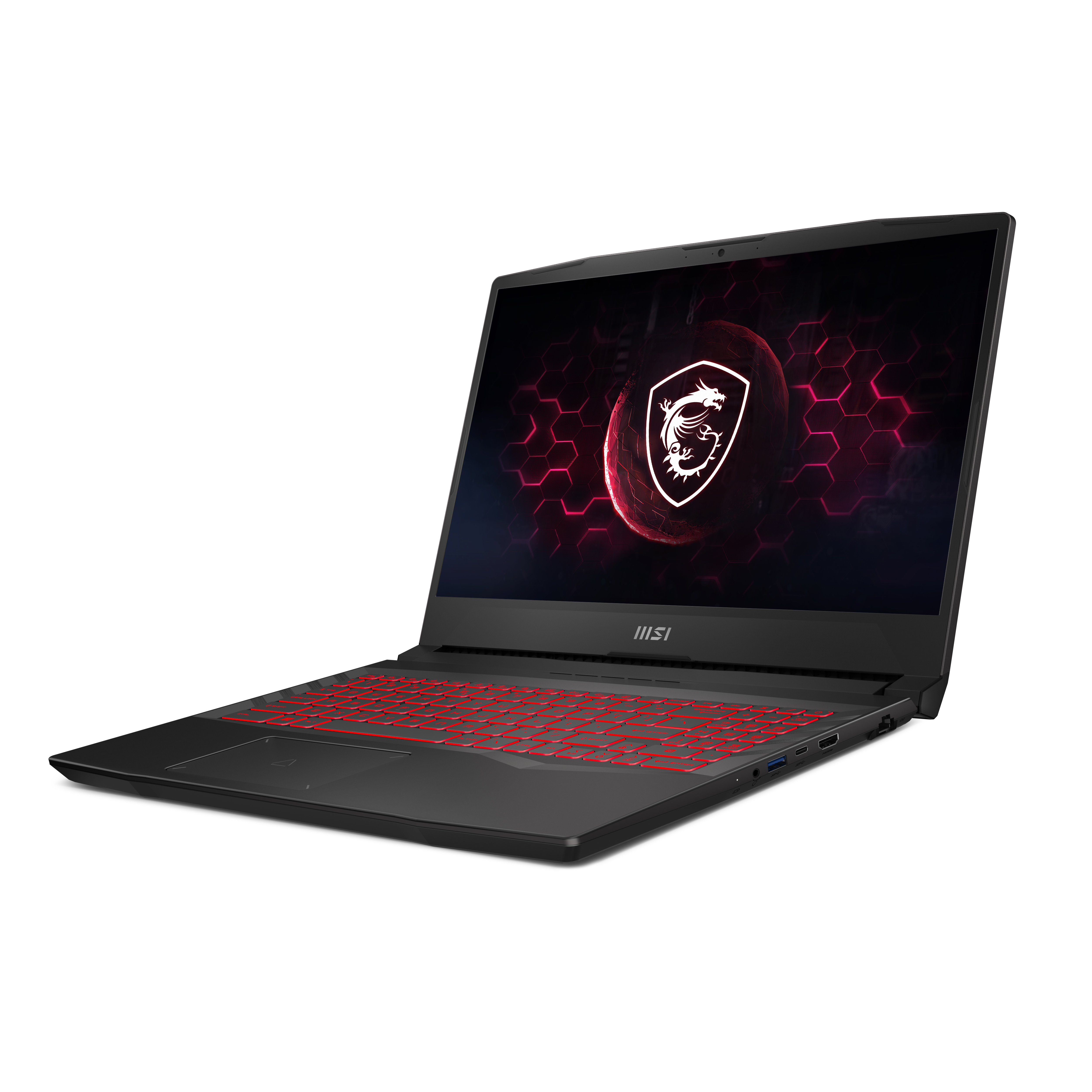 Laptop MSI negro, pantalla mostrando un logo rojo y negro, sobre fondo blanco.