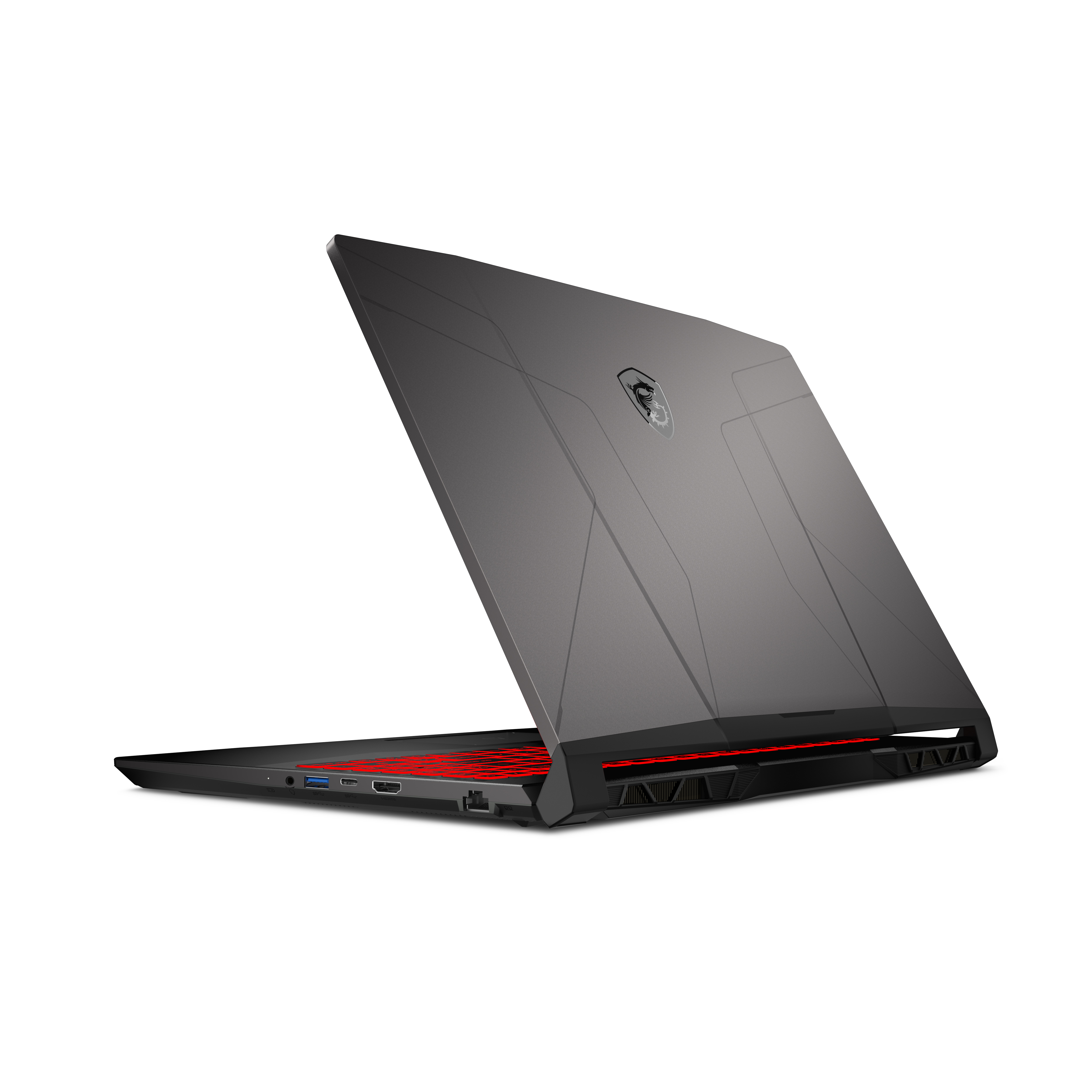 Portátil gaming MSI, negro con detalles rojos, abierto mostrando el teclado.
