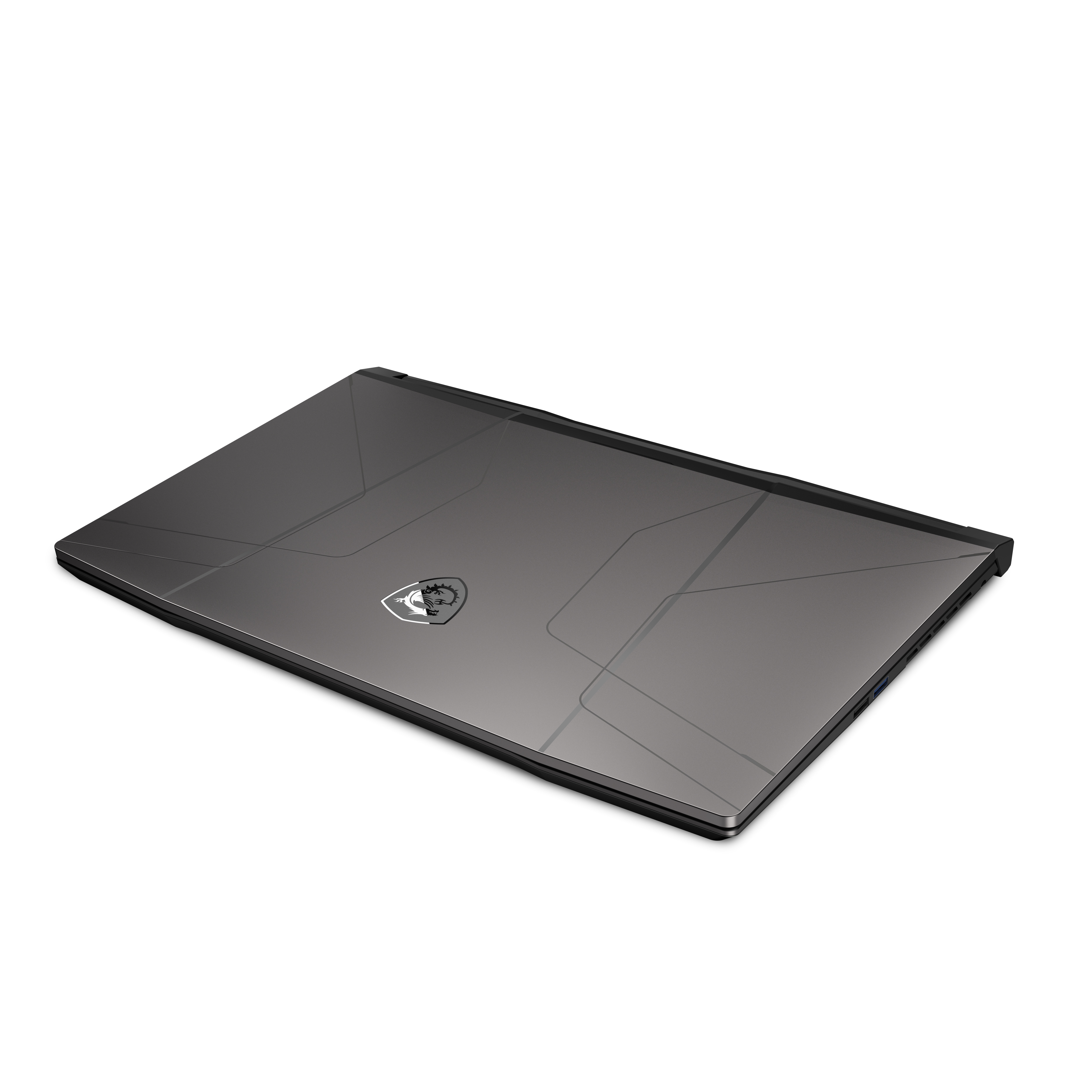 Portátil gris oscuro cerrado con el logotipo de MSI en la parte superior, sobre fondo blanco.
