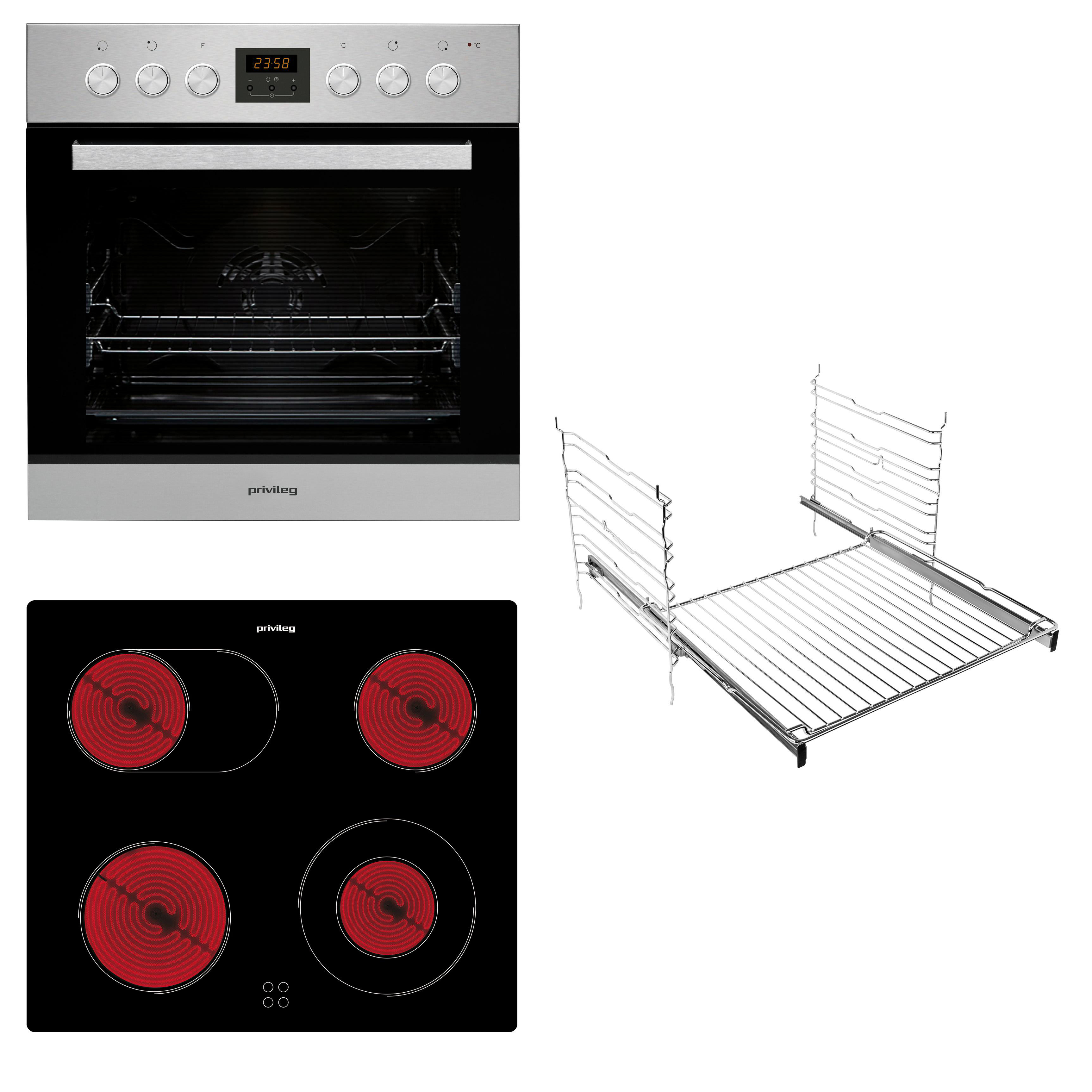 Backofen und Kochfeld. Backofen mit Digitalanzeige. Schwarzes Kochfeld mit Zonen.