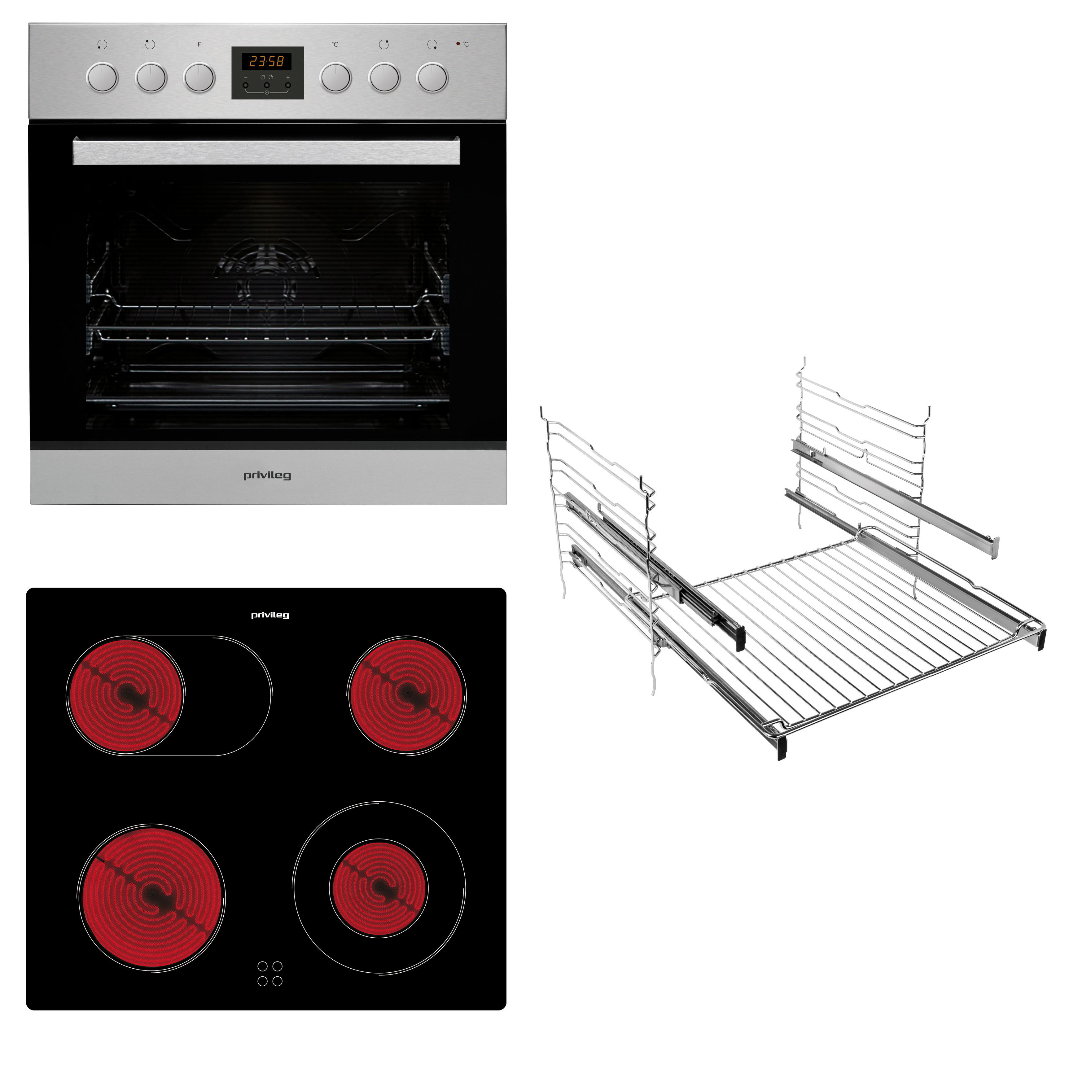 Ein Backofen, ein Kochfeld mit roten Kreisen und ein zerlegtes Ofengestell, auf weißem Hintergrund.