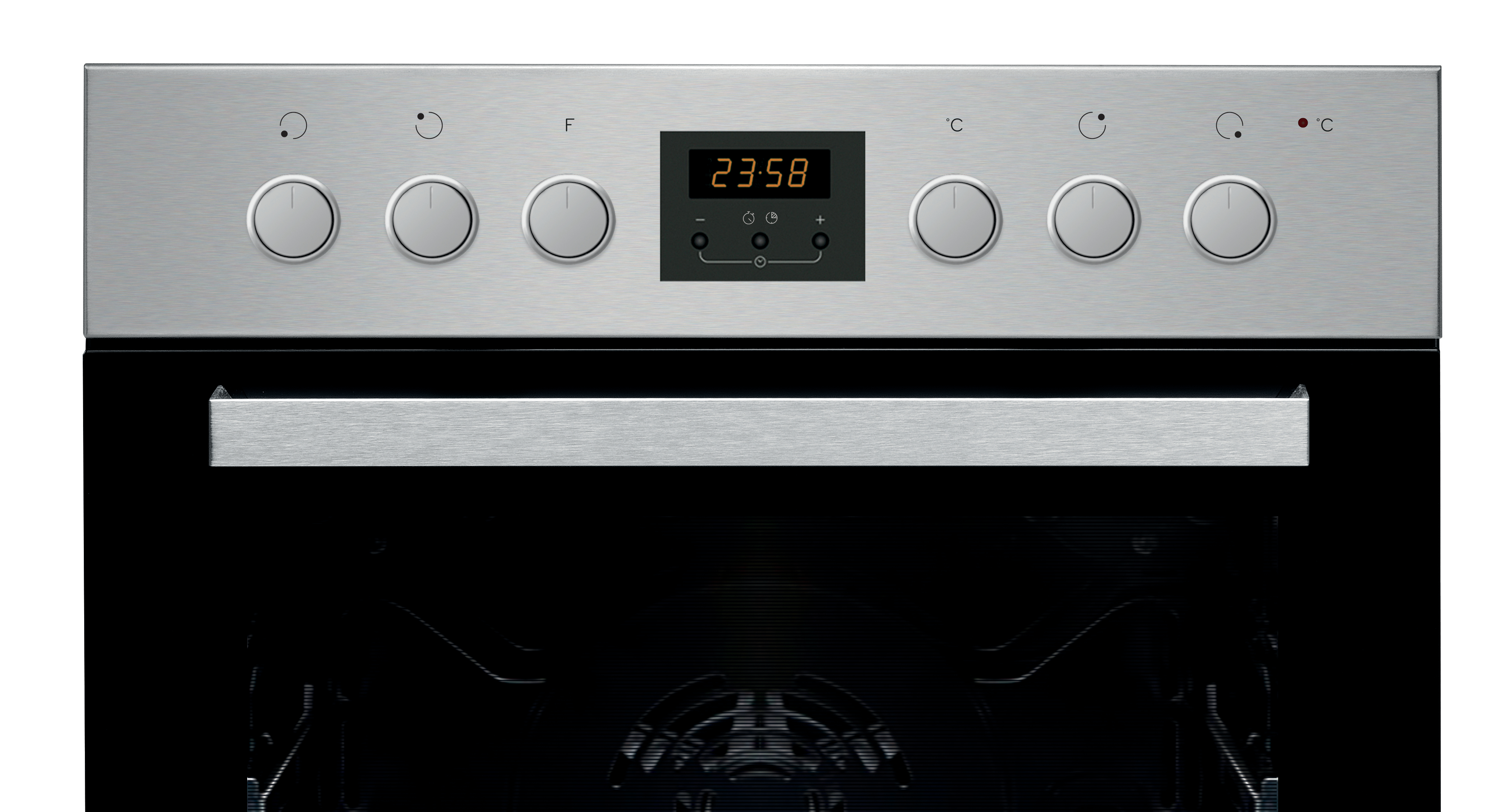 Edelstahl-Backofen-Bedienfeld mit Drehknöpfen, Digitaluhr und Anzeigen, vor weißem Hintergrund.