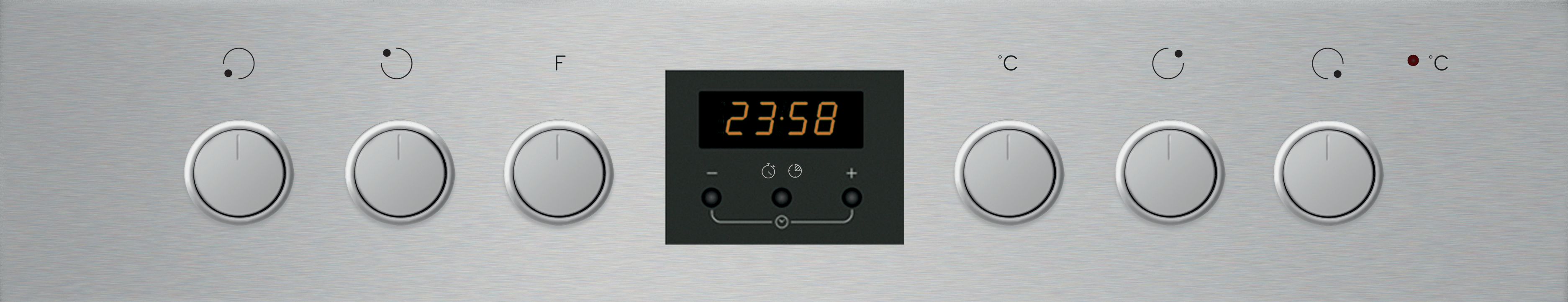 Backofen-Bedienfeld mit Knöpfen, Digitalanzeige mit 23:58. Metall-Oberfläche.
