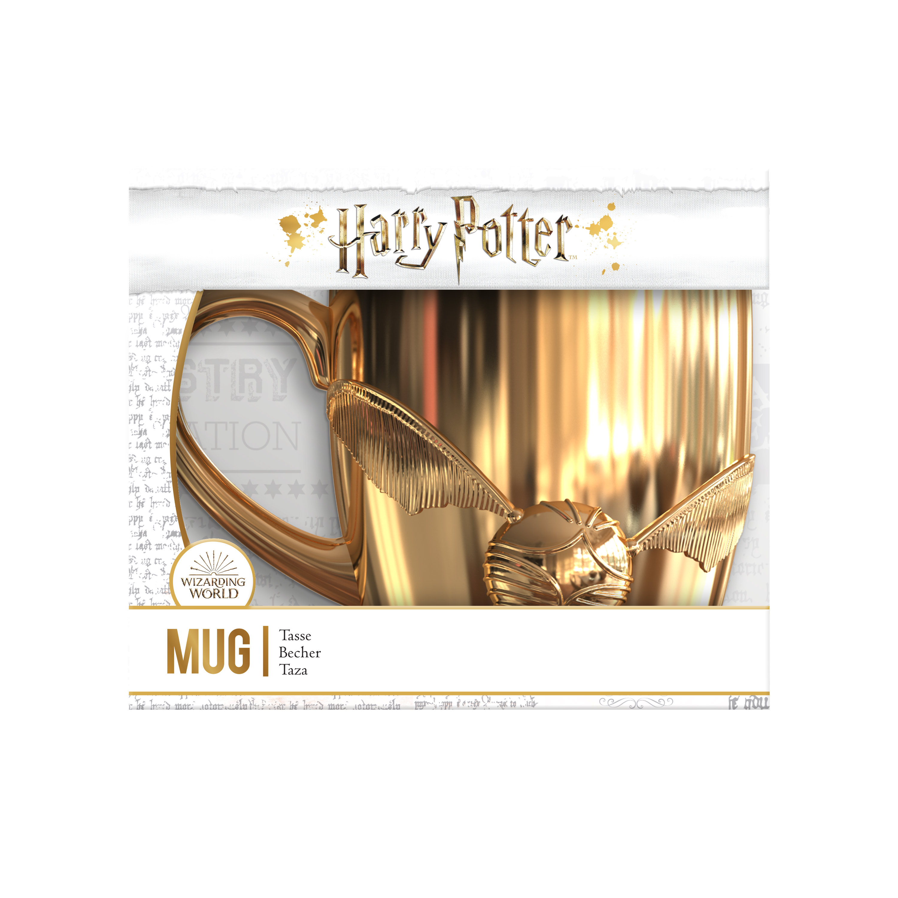 Goldener Harry Potter-Tasse mit dem Goldenen Schnatz. Die Tasse ist vor weißem Hintergrund.