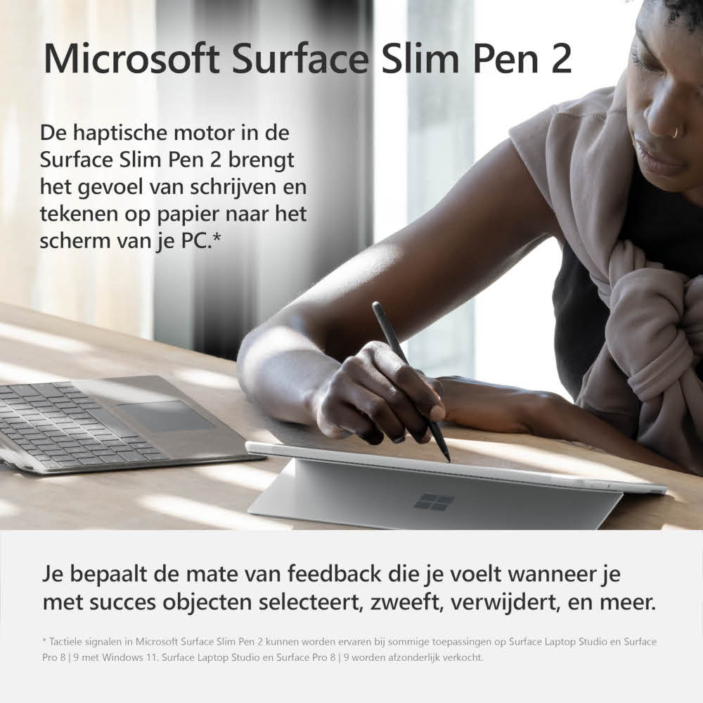 A person is using a pen on a tablet. Text explains features of a Microsoft Surface Slim Pen 2.