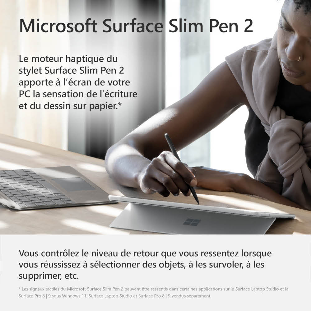 Woman using a stylus pen on a tablet, with text about the pen features.